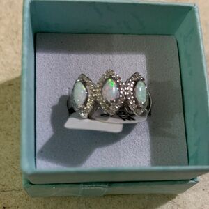 925 Silver Silver Halo Marquises 3-Stone Simulated white trilogy Opal Ring sz 6.